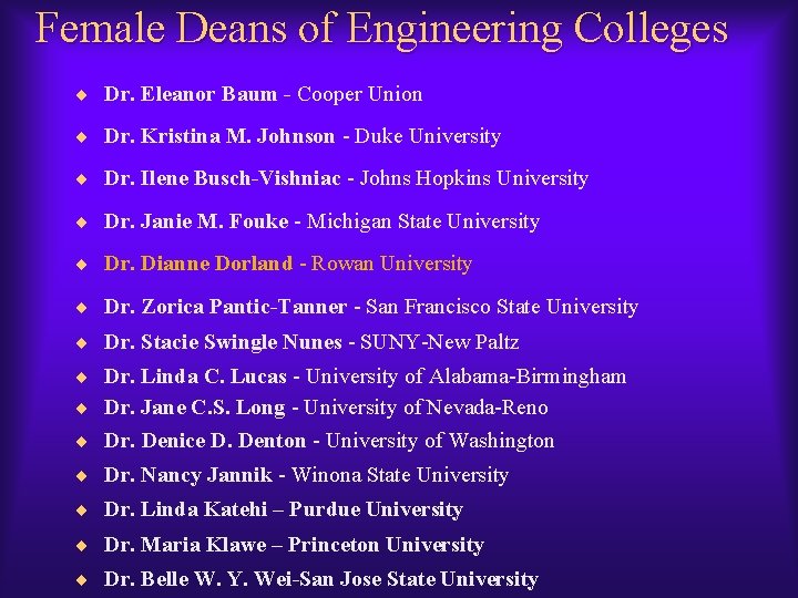 Female Deans of Engineering Colleges ¨ Dr. Eleanor Baum - Cooper Union ¨ Dr. Female Deans of Engineering Colleges ¨ Dr. Eleanor Baum - Cooper Union ¨ Dr.