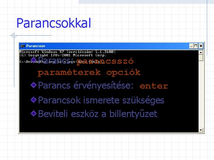 Parancsokkal Parancs: parancsszó paraméterek opciók Parancs érvényesítése: enter Parancsok ismerete szükséges Beviteli eszköz a