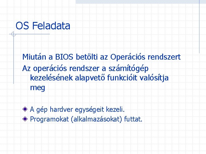 OS Feladata Miután a BIOS betölti az Operációs rendszert Az operációs rendszer a számítógép