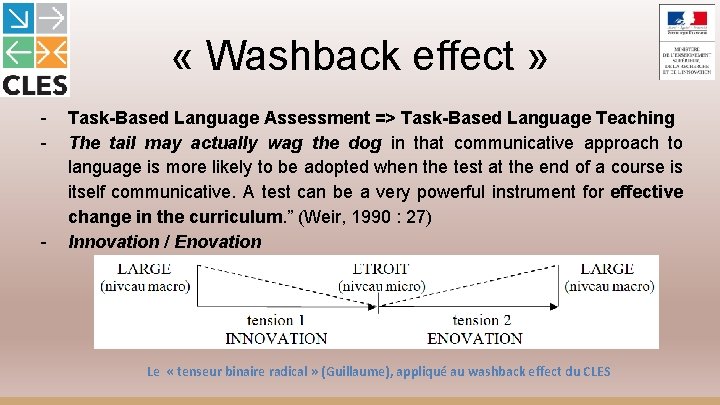  « Washback effect » - - Task-Based Language Assessment => Task-Based Language Teaching