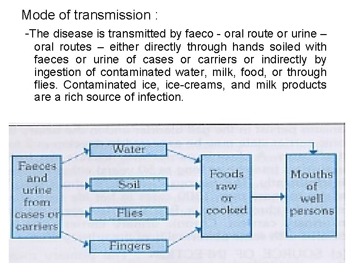 Mode of transmission : -The disease is transmitted by faeco - oral route or