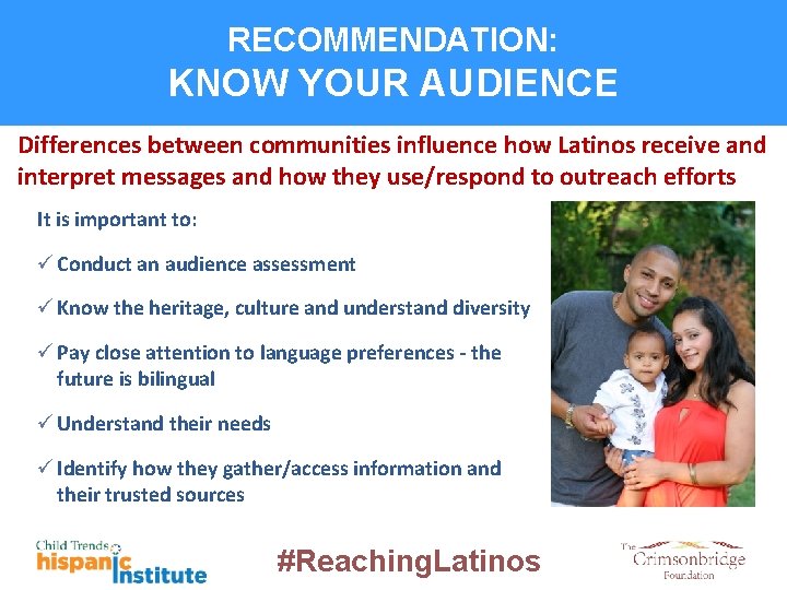 RECOMMENDATION: KNOW YOUR AUDIENCE Differences between communities influence how Latinos receive and interpret messages