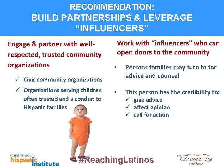 RECOMMENDATION: BUILD PARTNERSHIPS & LEVERAGE “INFLUENCERS” Engage & partner with wellrespected, trusted community organizations