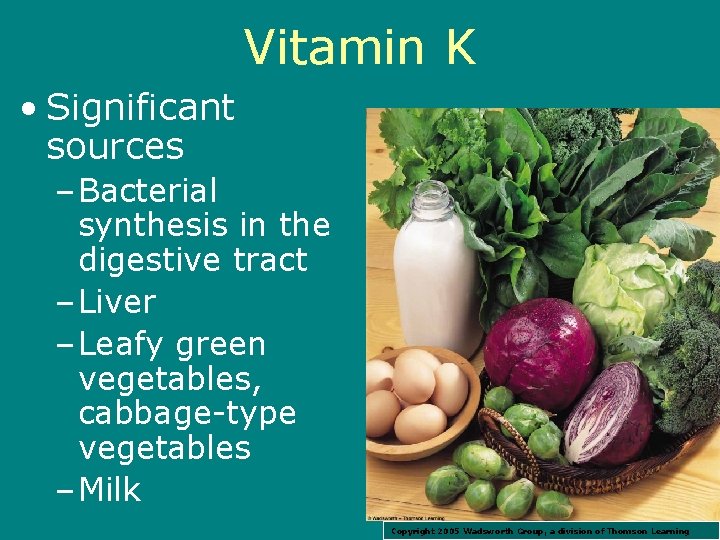 Vitamin K • Significant sources – Bacterial synthesis in the digestive tract – Liver