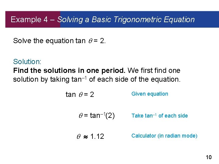 Example 4 – Solving a Basic Trigonometric Equation Solve the equation tan = 2.