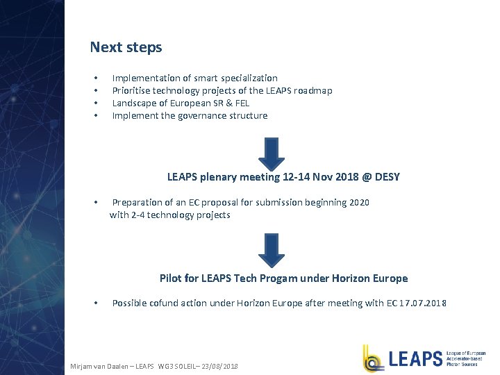 Next steps • • Implementation of smart specialization Prioritise technology projects of the LEAPS