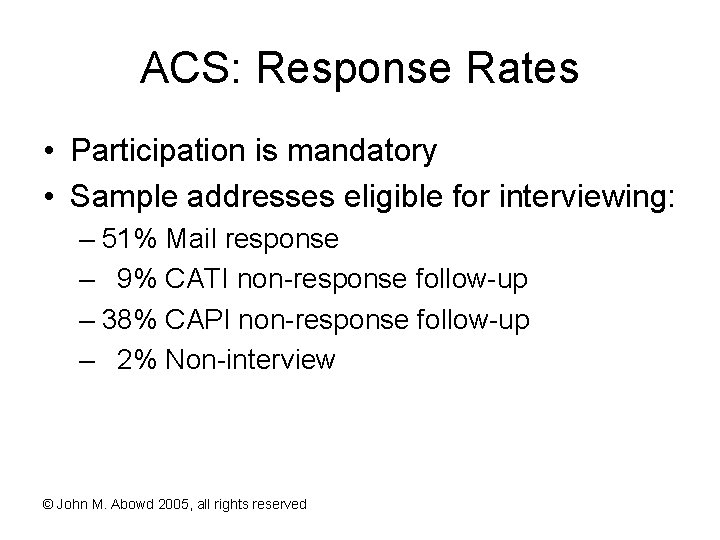 ACS: Response Rates • Participation is mandatory • Sample addresses eligible for interviewing: –