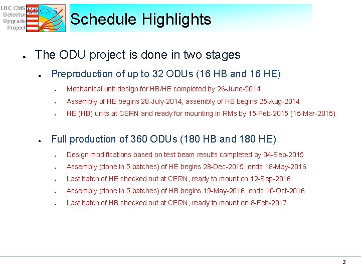 LHC CMS Detector Upgrade Project ● Schedule Highlights The ODU project is done in