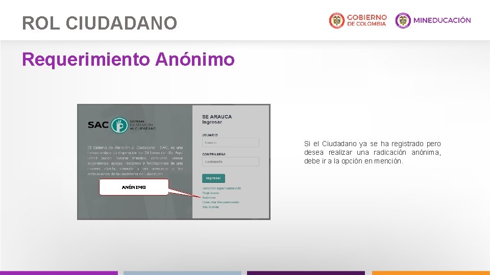 ROL CIUDADANO Requerimiento Anónimo Si el Ciudadano ya se ha registrado pero desea realizar