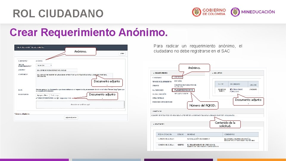 ROL CIUDADANO Crear Requerimiento Anónimo. Para radicar un requerimiento anónimo, el ciudadano no debe