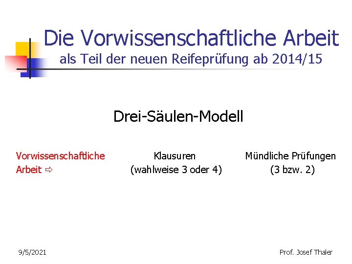 Die Vorwissenschaftliche Arbeit als Teil der neuen Reifeprüfung ab 2014/15 Drei-Säulen-Modell Vorwissenschaftliche Arbeit 9/5/2021