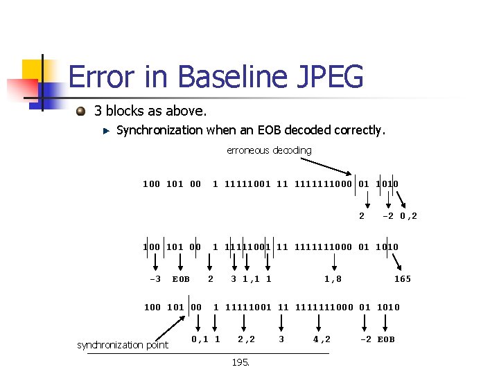 Error in Baseline JPEG 3 blocks as above. Synchronization when an EOB decoded correctly.