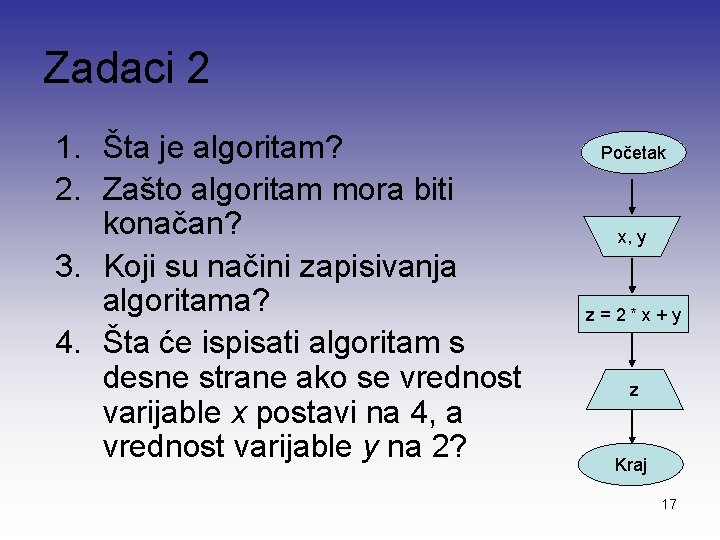 Zadaci 2 1. Šta je algoritam? 2. Zašto algoritam mora biti konačan? 3. Koji