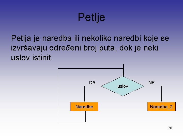 Petlje Petlja je naredba ili nekoliko naredbi koje se izvršavaju određeni broj puta, dok