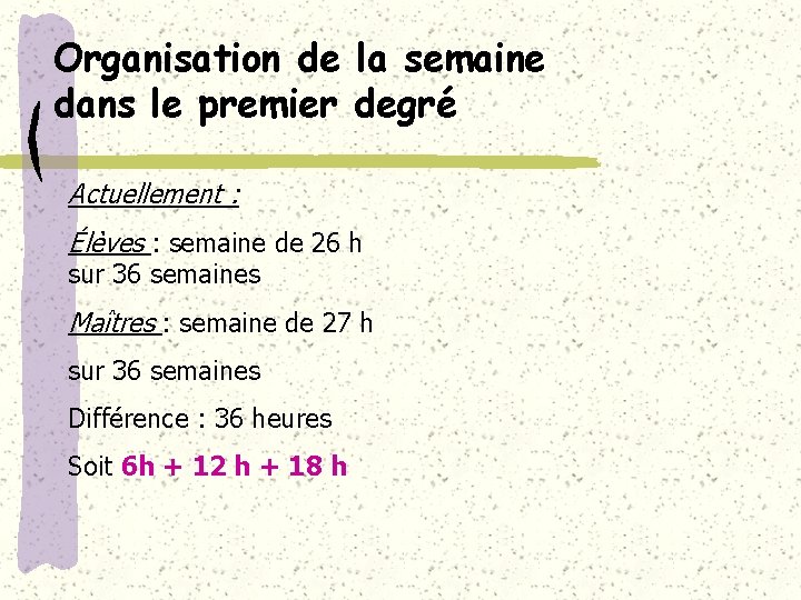 Organisation de la semaine dans le premier degré Actuellement : Élèves : semaine de