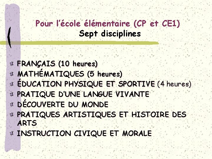 Pour l’école élémentaire (CP et CE 1) Sept disciplines FRANÇAIS (10 heures) MATHÉMATIQUES (5