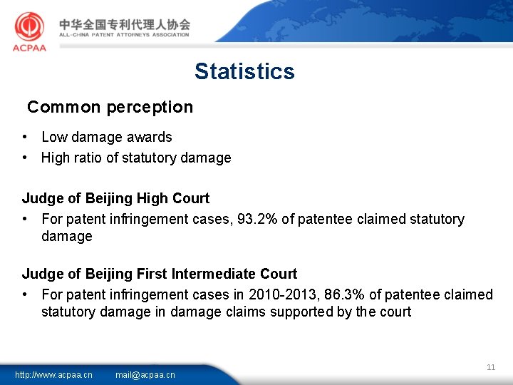 Statistics Common perception • Low damage awards • High ratio of statutory damage Judge