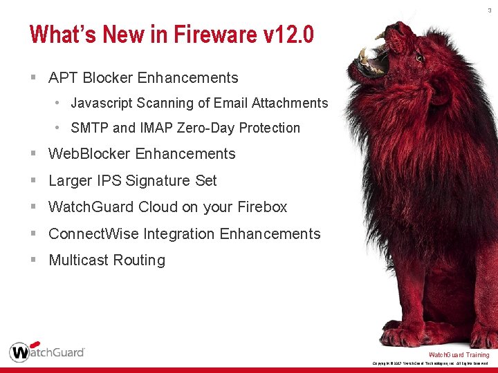 3 What’s New in Fireware v 12. 0 § APT Blocker Enhancements • Javascript