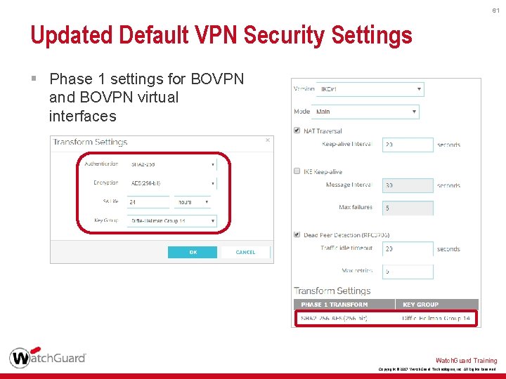 61 Updated Default VPN Security Settings § Phase 1 settings for BOVPN and BOVPN