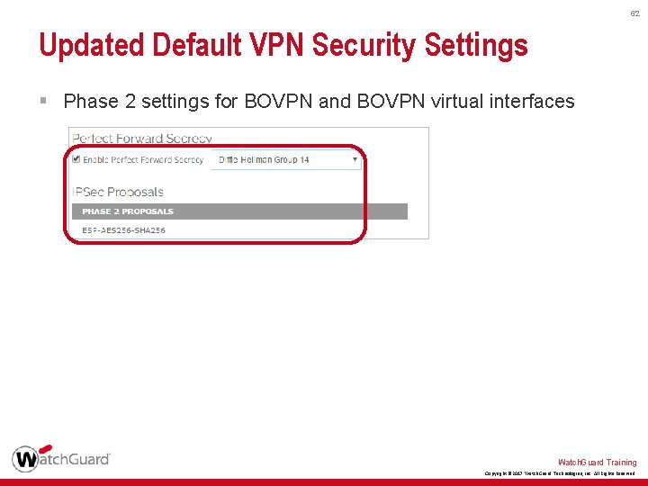 62 Updated Default VPN Security Settings § Phase 2 settings for BOVPN and BOVPN