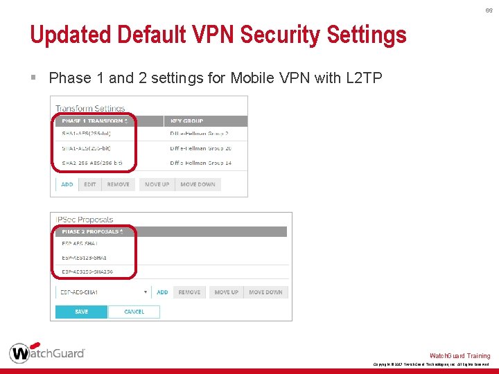 66 Updated Default VPN Security Settings § Phase 1 and 2 settings for Mobile