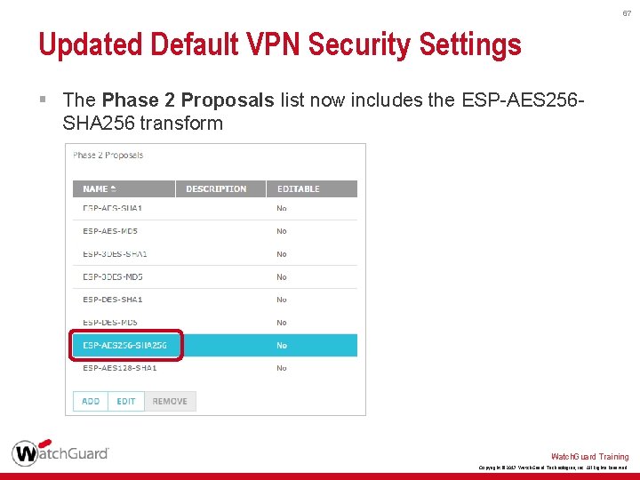 67 Updated Default VPN Security Settings § The Phase 2 Proposals list now includes