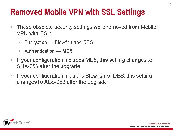 70 Removed Mobile VPN with SSL Settings § These obsolete security settings were removed
