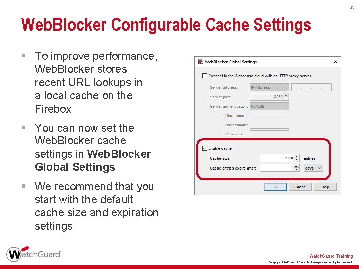 83 Web. Blocker Configurable Cache Settings § To improve performance, Web. Blocker stores recent