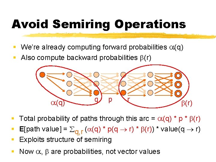 Avoid Semiring Operations § We’re already computing forward probabilities (q) § Also compute backward