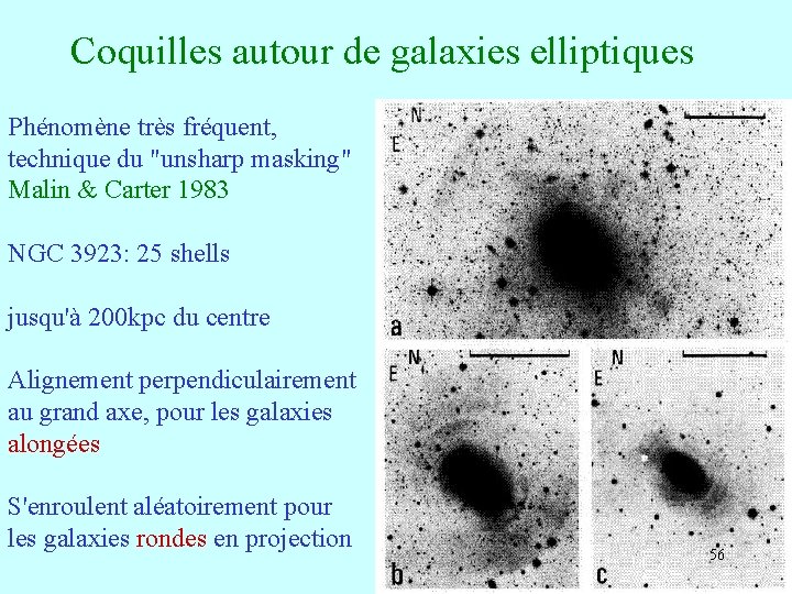 Coquilles autour de galaxies elliptiques Phénomène très fréquent, technique du "unsharp masking" Malin &