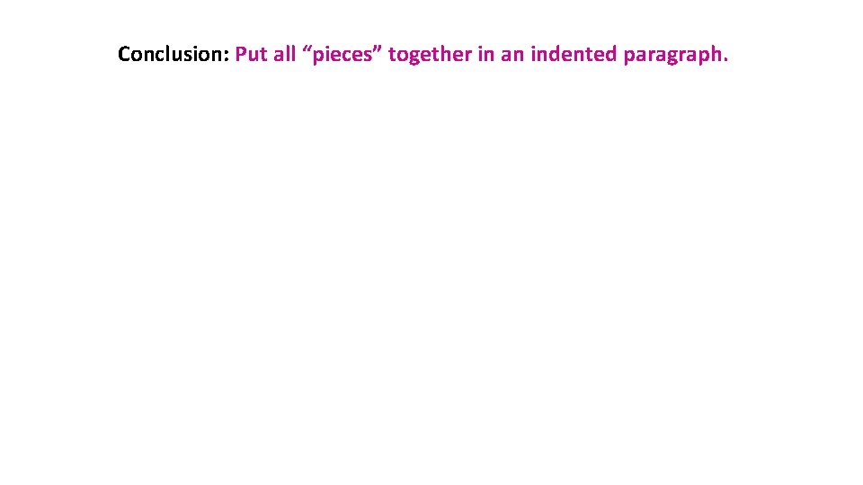 Conclusion: Put all “pieces” together in an indented paragraph. Conclusion: Put all “pieces” together in an indented paragraph.