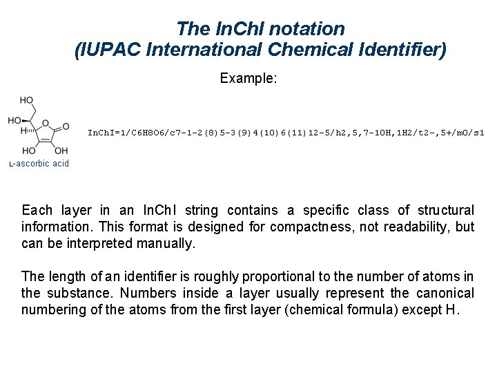 The In. Ch. I notation (IUPAC International Chemical Identifier) Example: Each layer in an