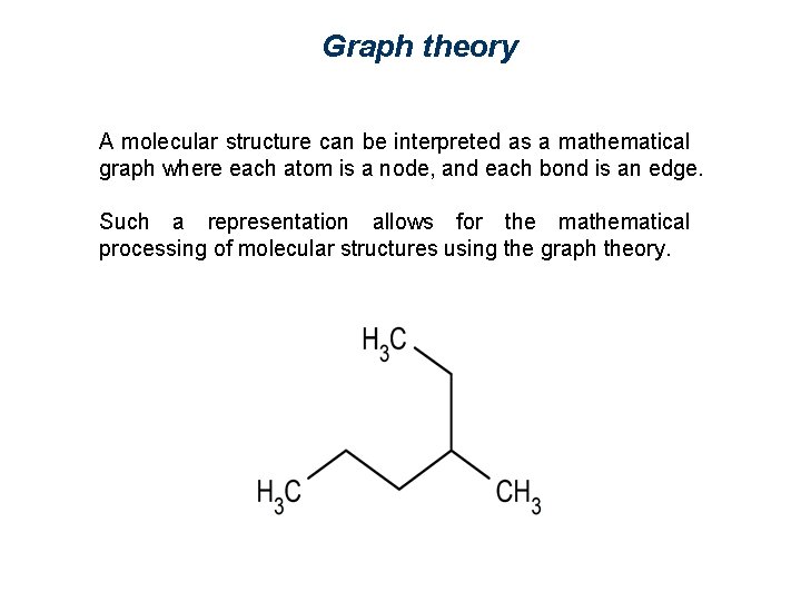 Graph theory A molecular structure can be interpreted as a mathematical graph where each