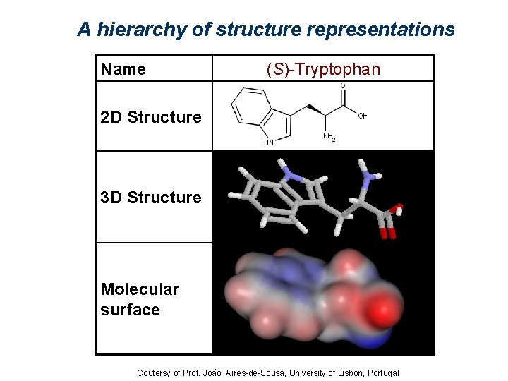 A hierarchy of structure representations Name (S)-Tryptophan 2 D Structure 3 D Structure Molecular