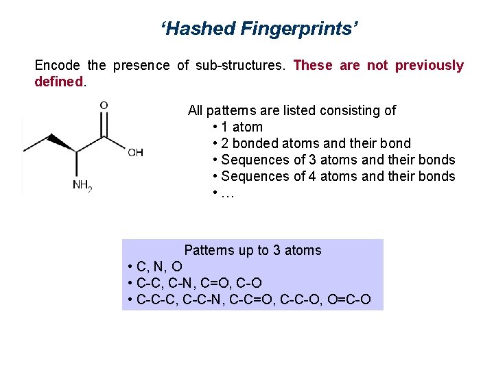 ‘Hashed Fingerprints’ Encode the presence of sub-structures. These are not previously defined. All patterns