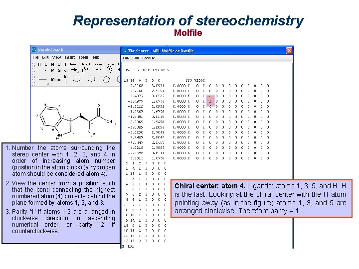 Representation of stereochemistry Molfile 1. Number the atoms surrounding the stereo center with 1,