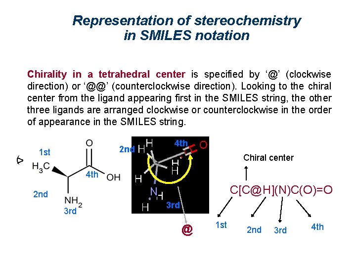 Representation of stereochemistry in SMILES notation Chirality in a tetrahedral center is specified by