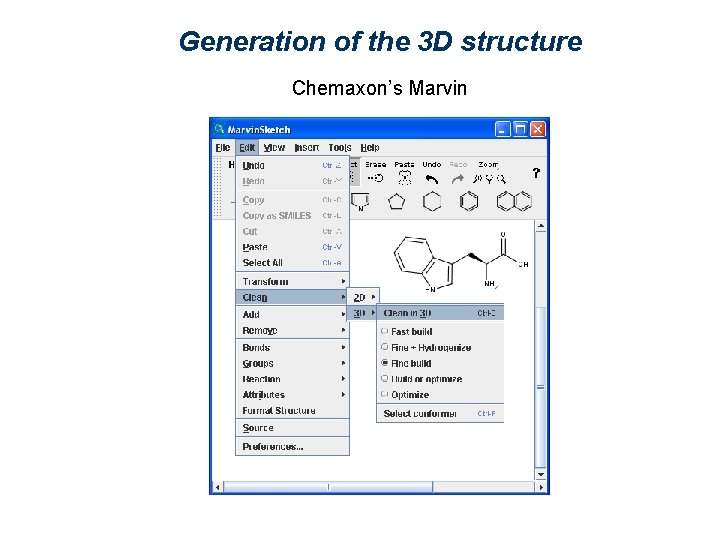 Generation of the 3 D structure Chemaxon’s Marvin 