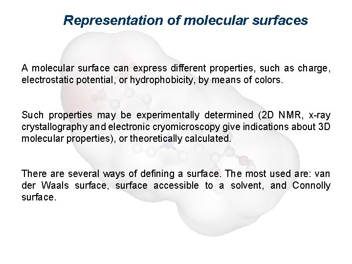 Representation of molecular surfaces A molecular surface can express different properties, such as charge,