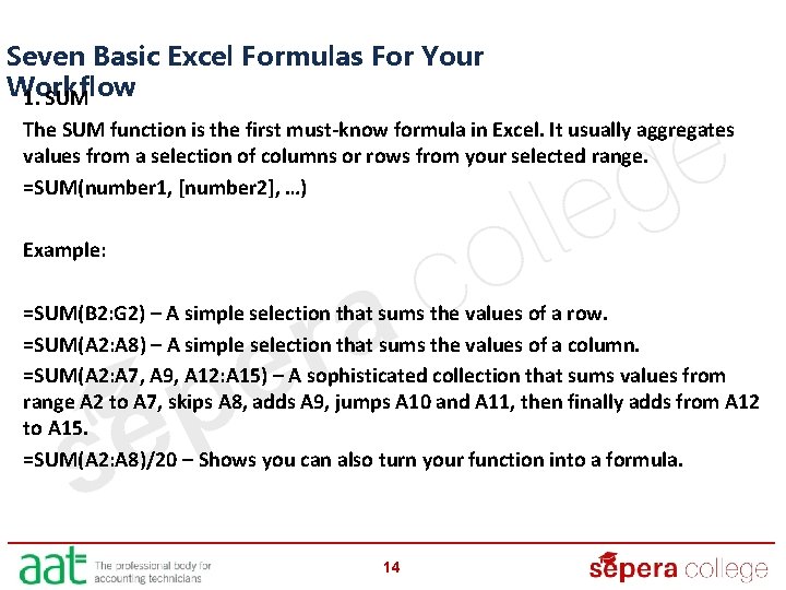 Seven Basic Excel Formulas For Your Workflow 1. SUM The SUM function is the