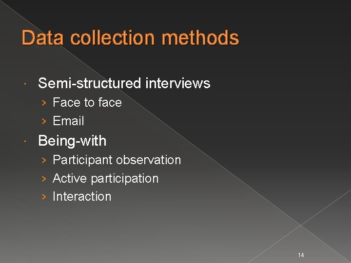Data collection methods Semi-structured interviews › Face to face › Email Being-with › Participant