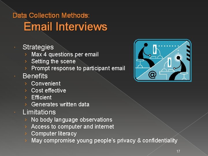Data Collection Methods: Email Interviews Strategies › Max 4 questions per email › Setting