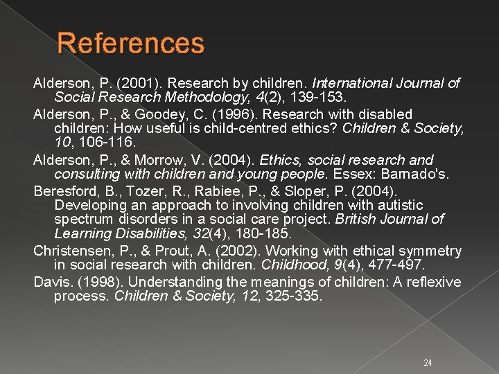 References Alderson, P. (2001). Research by children. International Journal of Social Research Methodology, 4(2),