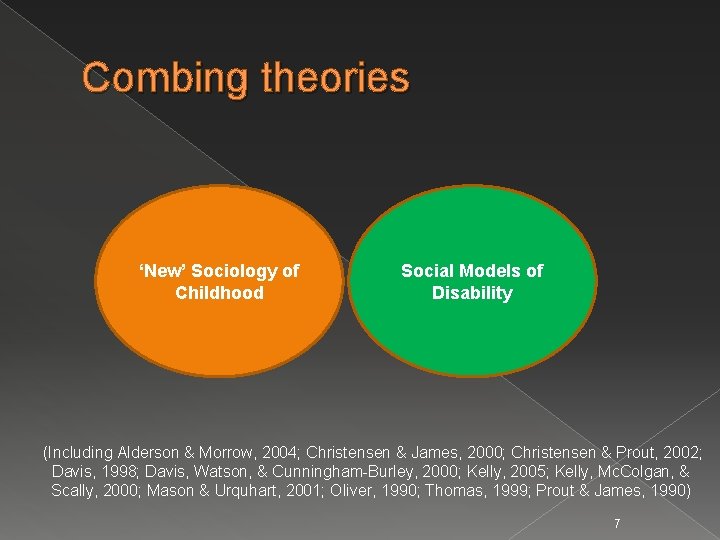 Combing theories ‘New’ Sociology of Childhood Social Models of Disability (Including Alderson & Morrow,