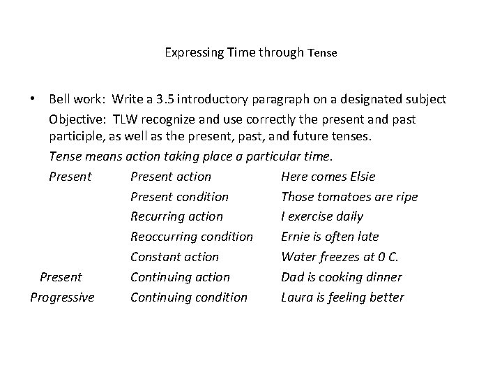Expressing Time through Tense • Bell work: Write a 3. 5 introductory paragraph on