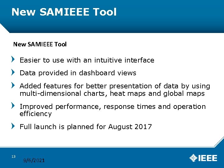 New SAMIEEE Tool Easier to use with an intuitive interface Data provided in dashboard