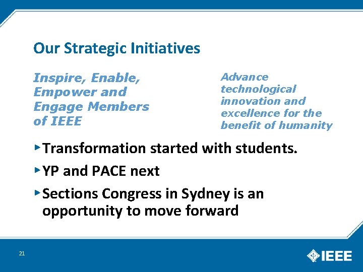 Our Strategic Initiatives Inspire, Enable, Empower and Engage Members of IEEE Advance technological innovation