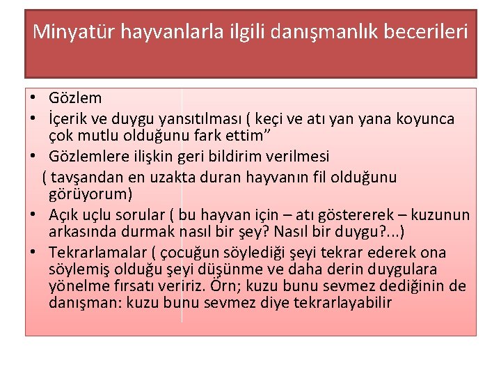 Minyatür hayvanlarla ilgili danışmanlık becerileri • Gözlem • İçerik ve duygu yansıtılması ( keçi