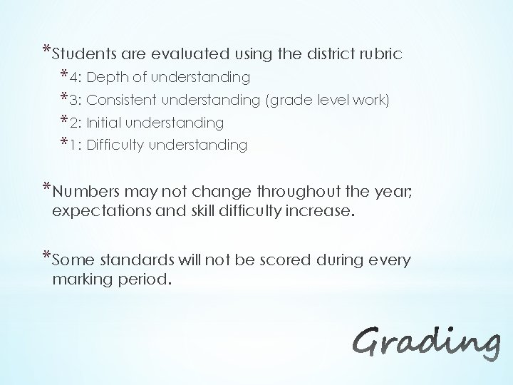 *Students are evaluated using the district rubric * 4: Depth of understanding * 3: