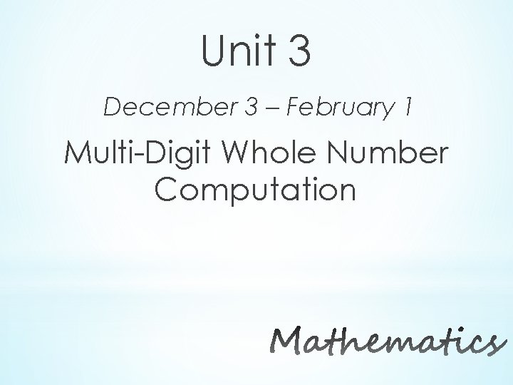Unit 3 December 3 – February 1 Multi-Digit Whole Number Computation 
